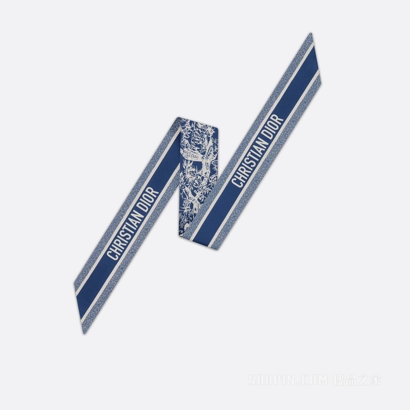Dior 印花 Mitzah 丝巾 宝蓝色和白色桑蚕丝斜纹面料 Dior Jardin d'Hiver 印花
