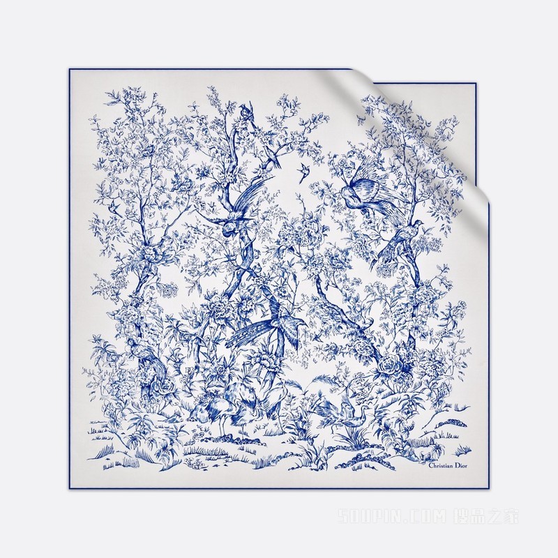 Dior 印花方巾 90 厘米白色和宝蓝色桑蚕丝斜纹面料 Dior Jardin d'Hiver 印花