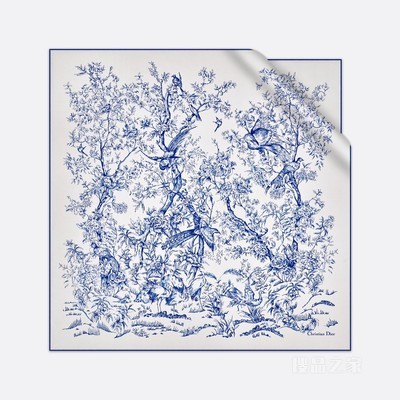 Dior 印花方巾 90 厘米白色和宝蓝色桑蚕丝斜纹面料 Dior Jardin d'Hiver 印花