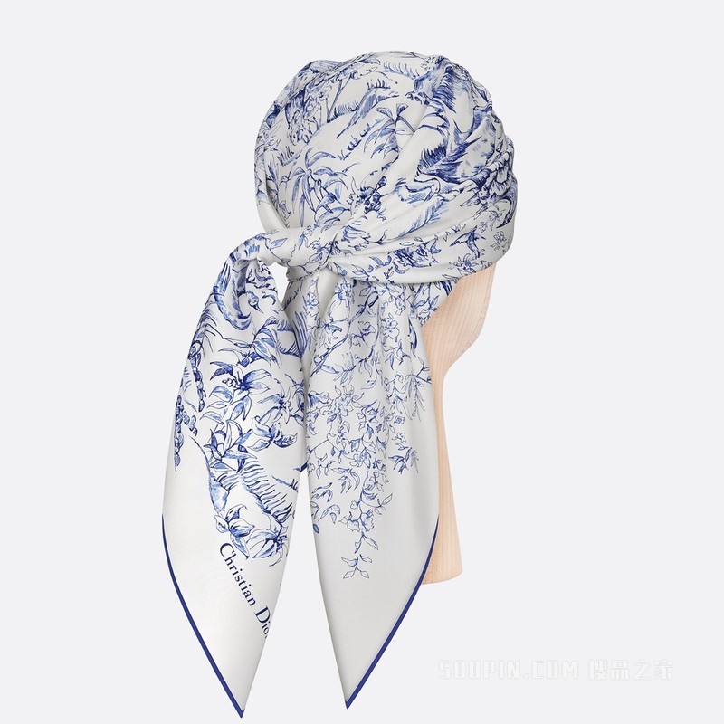 Dior 印花方巾 90 厘米白色和宝蓝色桑蚕丝斜纹面料 Dior Jardin d'Hiver 印花