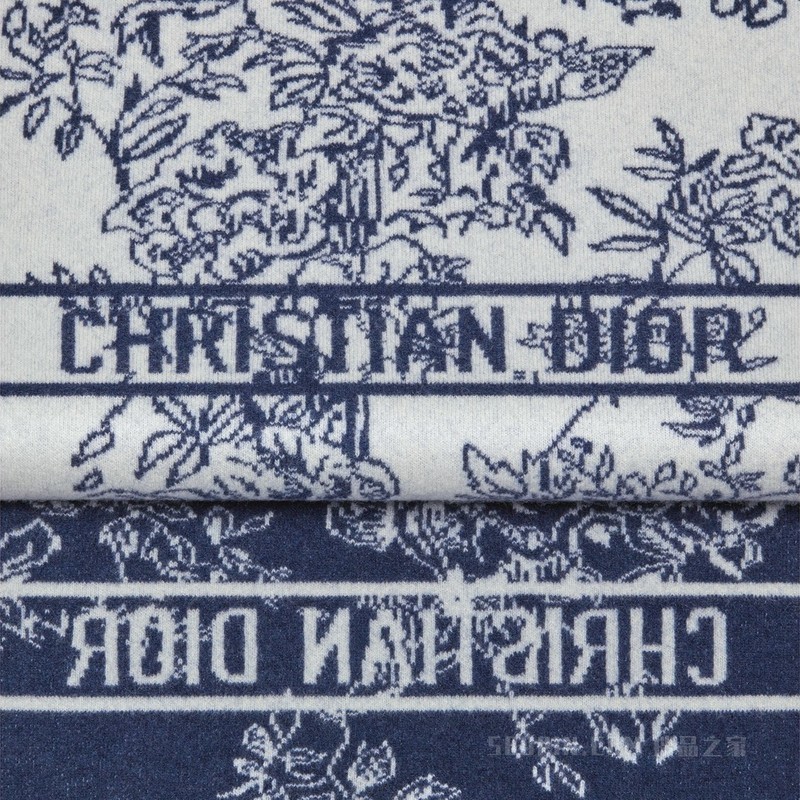Dior 印花围巾 白色和宝蓝色羊毛和山羊绒混纺针织面料 Dior Jardin d'Hiver 图案