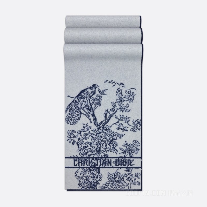 Dior 印花围巾 白色和宝蓝色羊毛和山羊绒混纺针织面料 Dior Jardin d'Hiver 图案