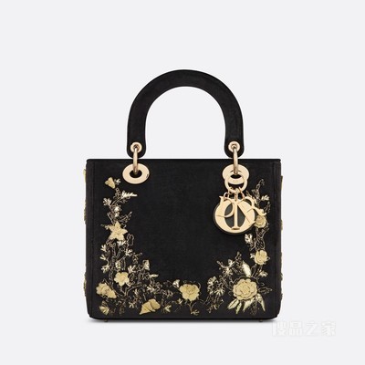 中号 Lady Dior 手袋 黑色天鹅绒金色金属光泽线 Dior Jardin Botanique 图案刺绣