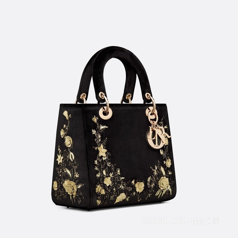 中号 Lady Dior 手袋 黑色天鹅绒金色金属光泽线 Dior Jardin Botanique 图案刺绣