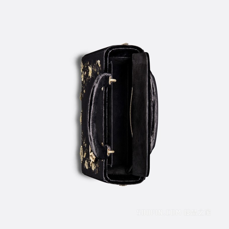 中号 Lady Dior 手袋 黑色天鹅绒金色金属光泽线 Dior Jardin Botanique 图案刺绣