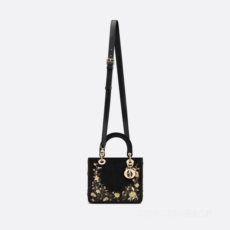 中号 Lady Dior 手袋 黑色天鹅绒金色金属光泽线 Dior Jardin Botanique 图案刺绣