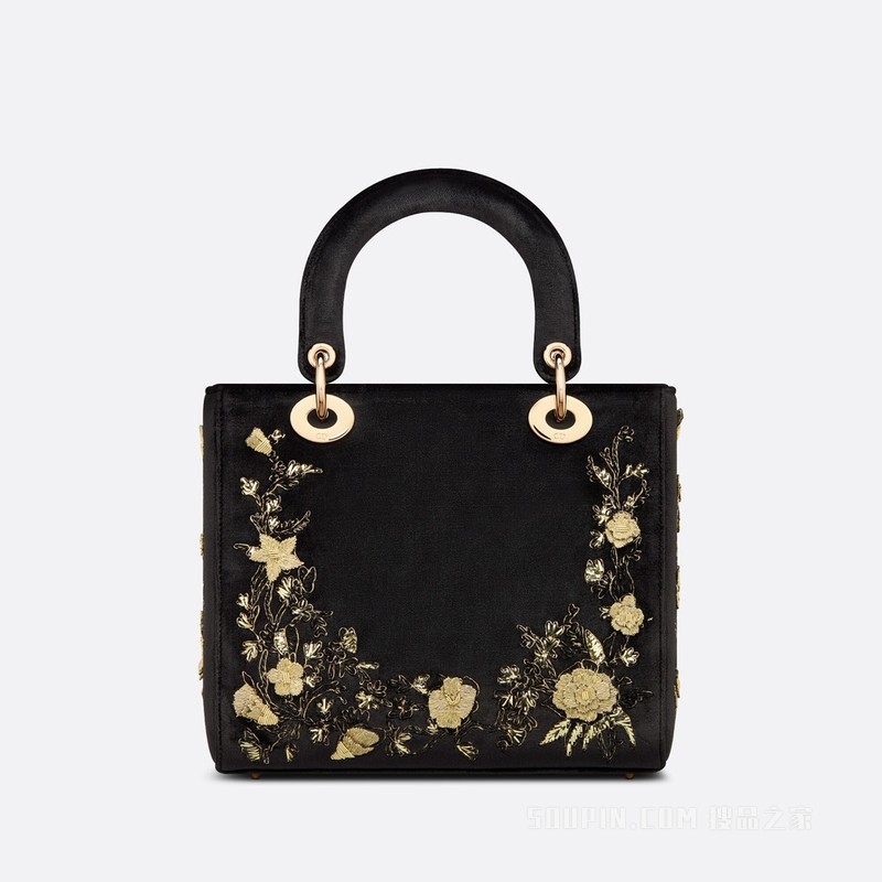 中号 Lady Dior 手袋 黑色天鹅绒金色金属光泽线 Dior Jardin Botanique 图案刺绣