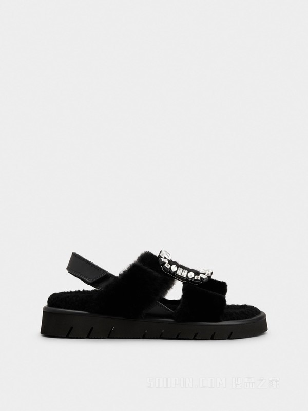 Viv' Winter Fur钻扣绵羊毛凉鞋 黑色