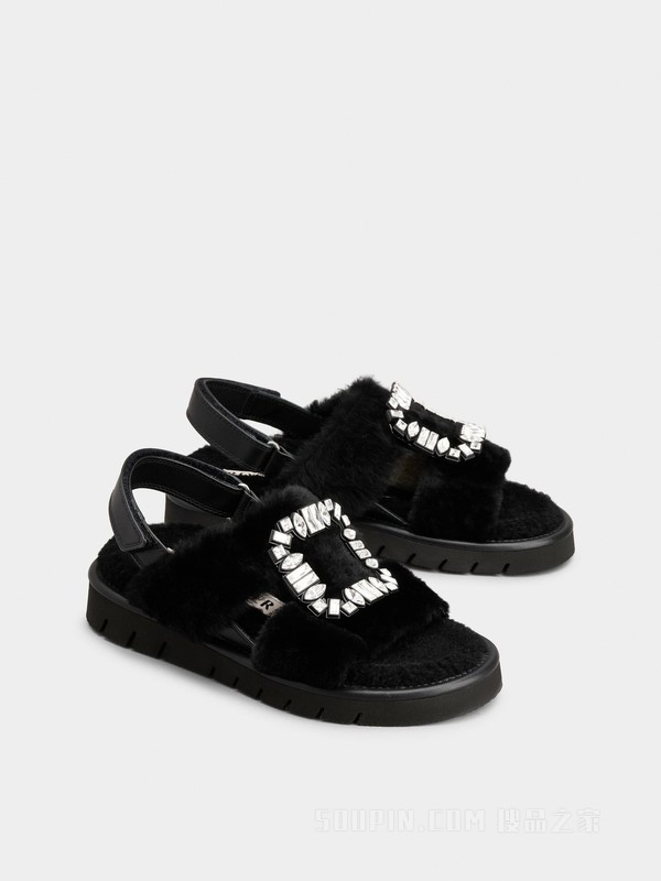 Viv' Winter Fur钻扣绵羊毛凉鞋 黑色