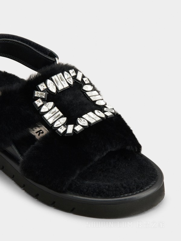 Viv' Winter Fur钻扣绵羊毛凉鞋 黑色
