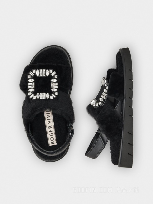 Viv' Winter Fur钻扣绵羊毛凉鞋 黑色