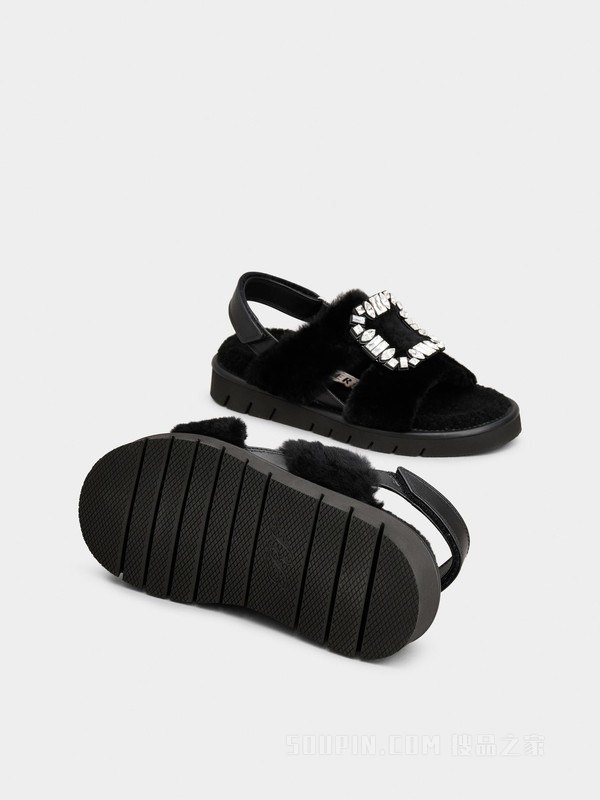 Viv' Winter Fur钻扣绵羊毛凉鞋 黑色