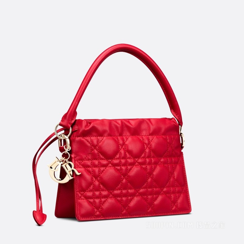 Lady Dior 迷你手袋 绯红色羊皮革藤格纹搭配顶部手柄和抽绳