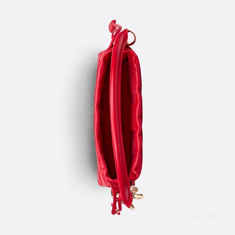Lady Dior 迷你手袋 绯红色羊皮革藤格纹搭配顶部手柄和抽绳