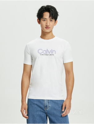Calvin Klein 22早秋新款男士休闲线型叠印LOGO修身圆领透气短袖T恤J321529