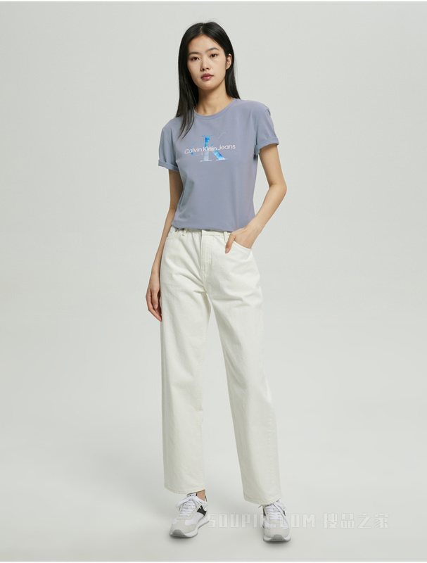 Calvin Klein 22早秋新款女士时尚重叠LOGO圆领透气修身短袖T恤J219704