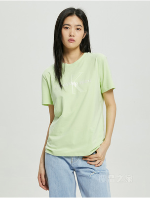 Calvin Klein 22早秋新款女士休闲圆领透气交叠LOGO标短袖T恤J219672