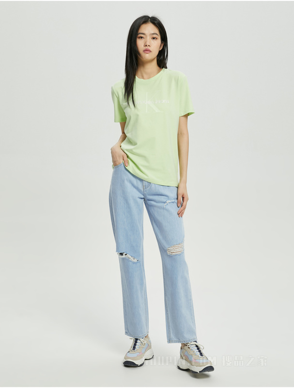 Calvin Klein 22早秋新款女士休闲圆领透气交叠LOGO标短袖T恤J219672