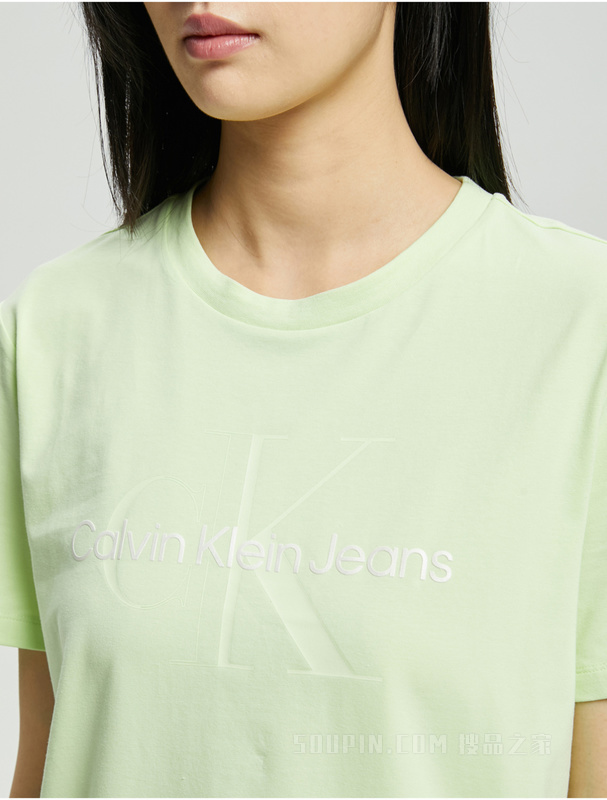 Calvin Klein 22早秋新款女士休闲圆领透气交叠LOGO标短袖T恤J219672