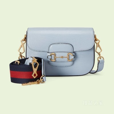 Gucci Horsebit 1955系列GG迷你蜥蜴皮手袋 浅蓝色