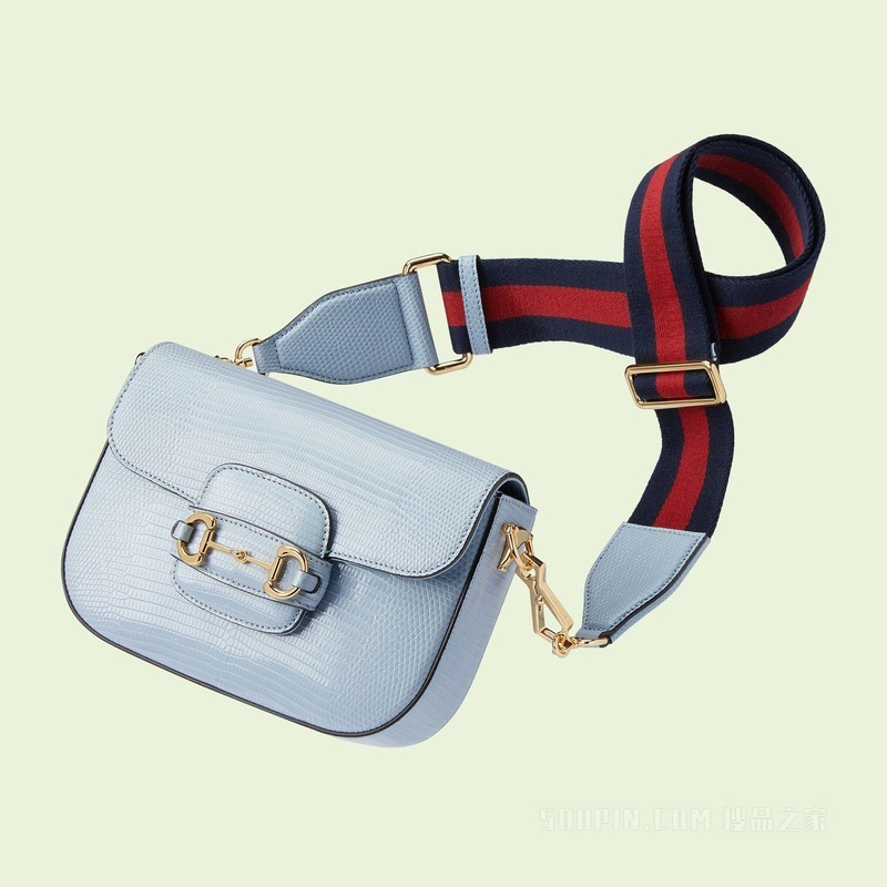 Gucci Horsebit 1955系列GG迷你蜥蜴皮手袋 浅蓝色