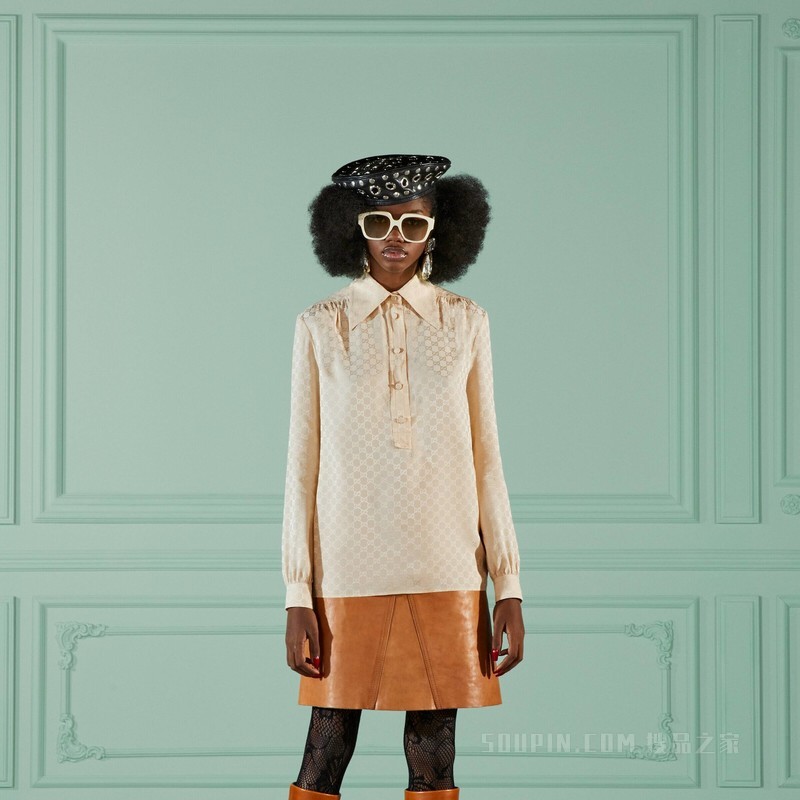 GG真丝绉绸衬衫 象牙白色