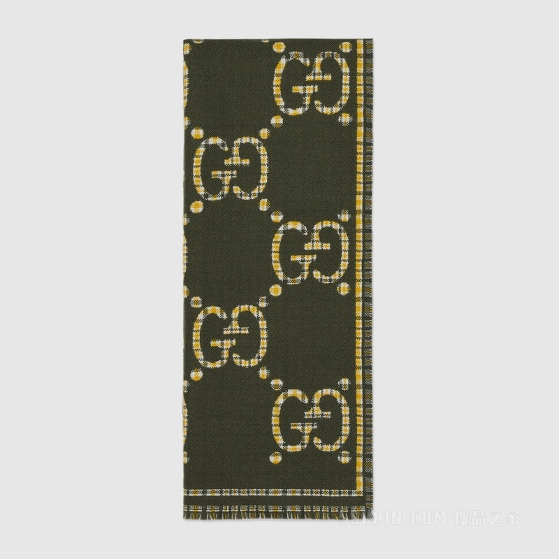 格纹GG羊毛围巾 绿色和黄色