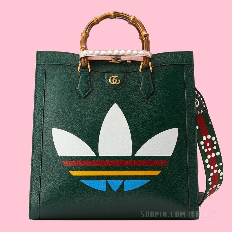 adidas x Gucci联名系列Diana竹节大号托特包 深绿色皮革