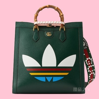 adidas x Gucci联名系列Diana竹节大号托特包 深绿色皮革