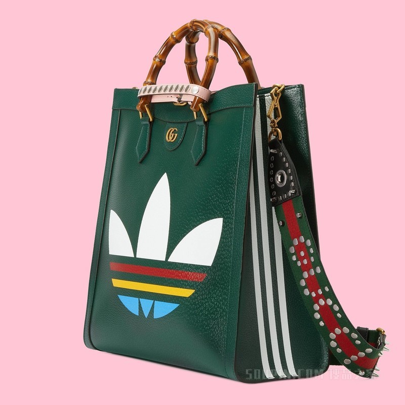 adidas x Gucci联名系列Diana竹节大号托特包 深绿色皮革