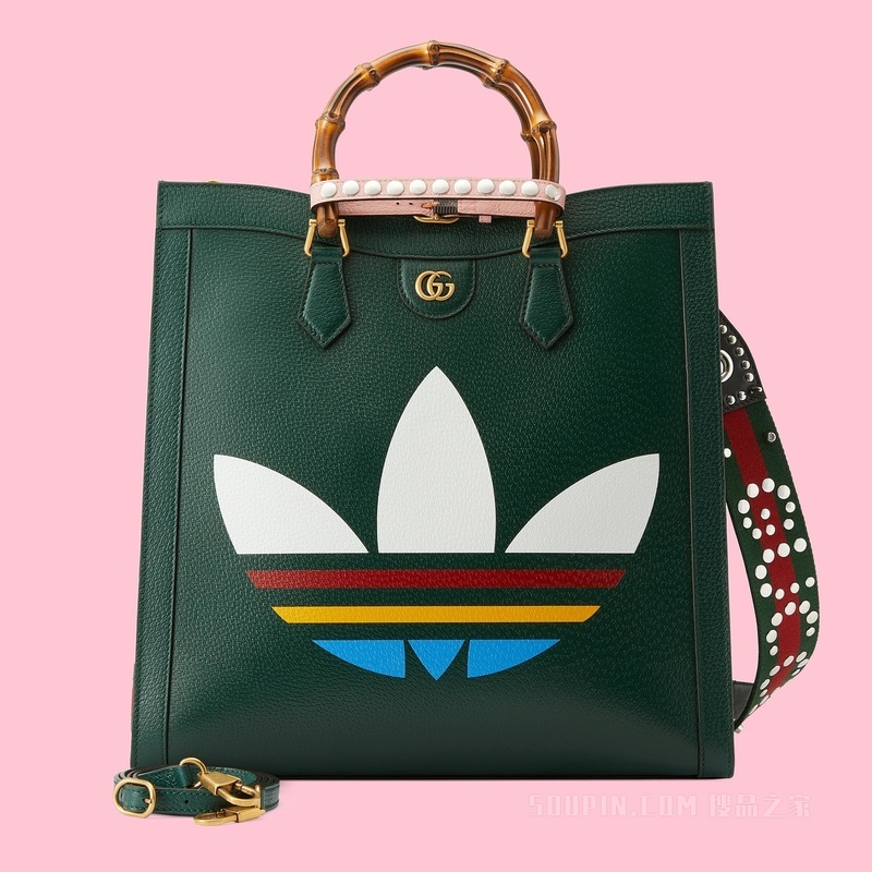 adidas x Gucci联名系列Diana竹节大号托特包 深绿色皮革