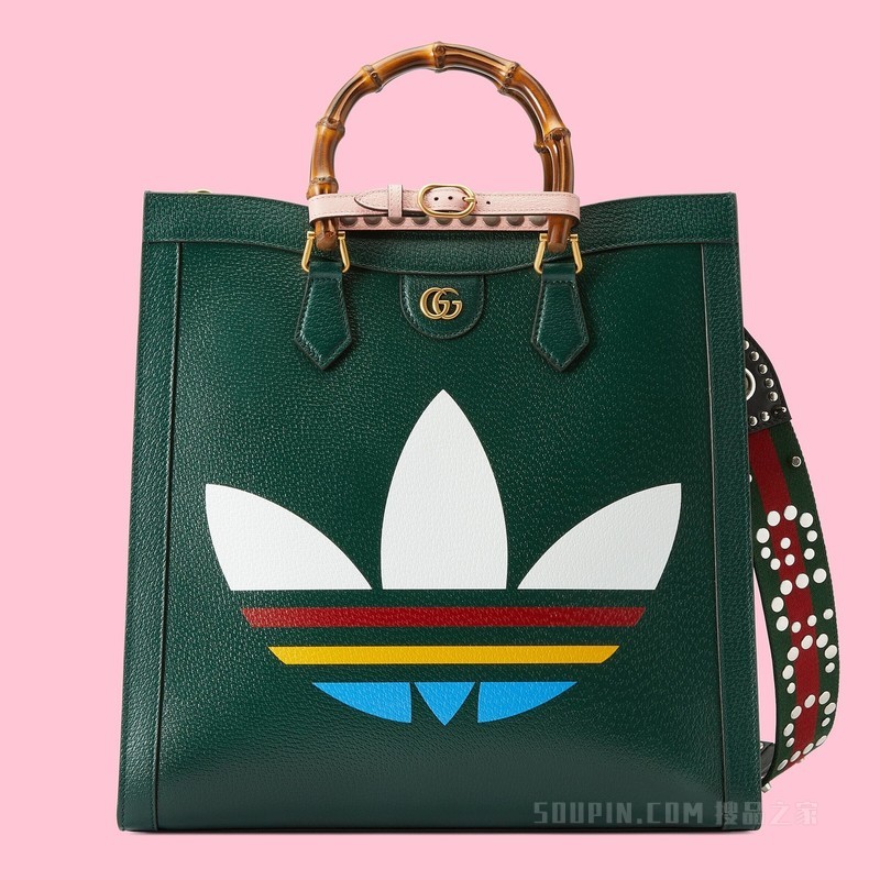 adidas x Gucci联名系列Diana竹节大号托特包 深绿色皮革