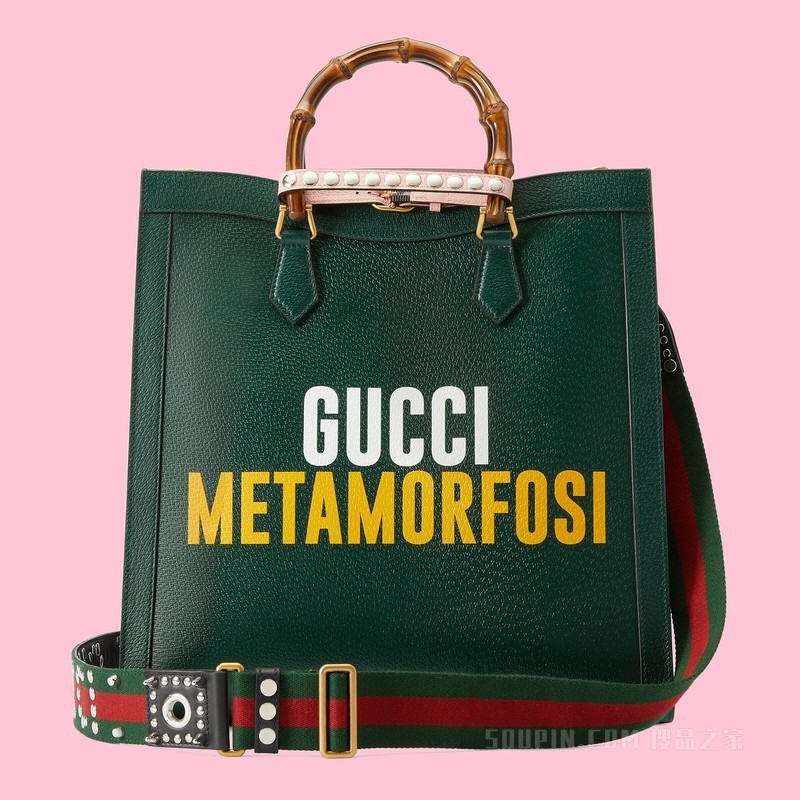 adidas x Gucci联名系列Diana竹节大号托特包 深绿色皮革