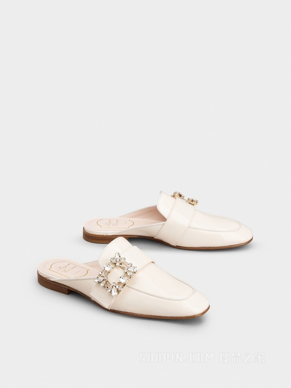 Mini Broche Vivier钻扣漆皮穆勒鞋 奶油色