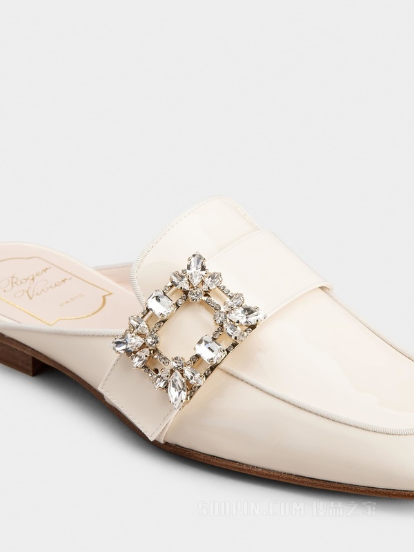 Mini Broche Vivier钻扣漆皮穆勒鞋 奶油色