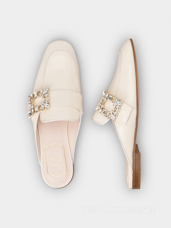 Mini Broche Vivier钻扣漆皮穆勒鞋 奶油色
