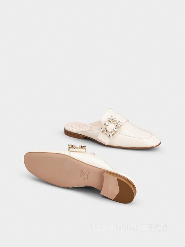 Mini Broche Vivier钻扣漆皮穆勒鞋 奶油色