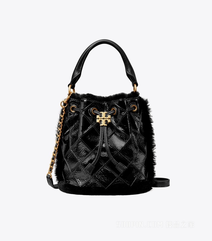 Fleming 柔软漆皮羊毛皮水桶包 黑色