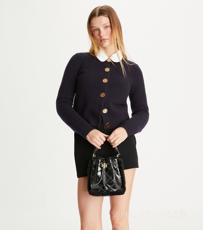 Fleming 柔软漆皮羊毛皮水桶包 黑色