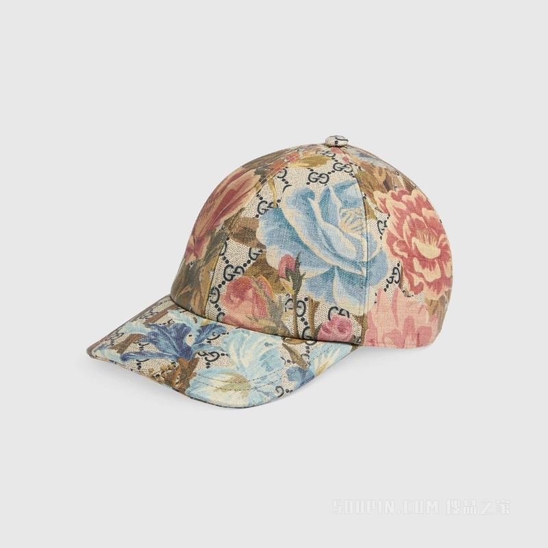 GG Supreme花卉印花棒球帽 米色和蓝色