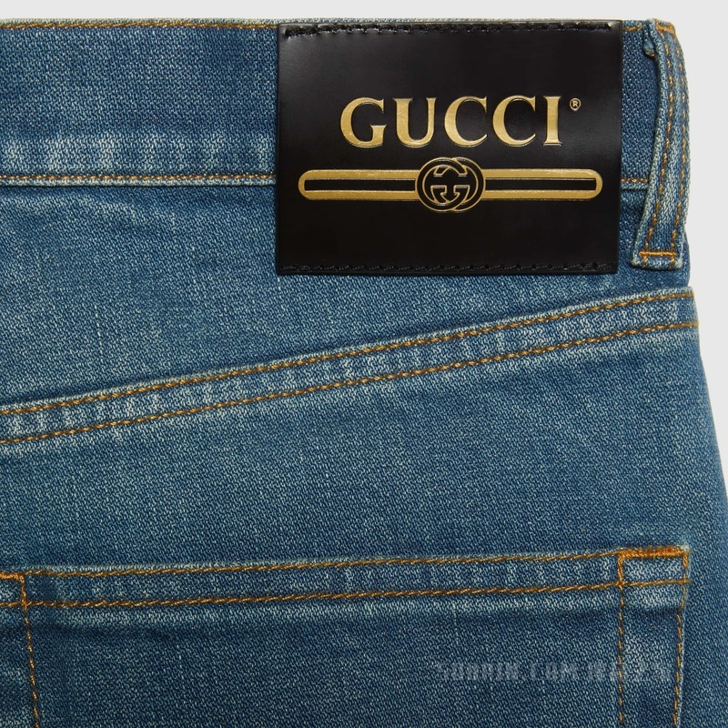 饰Gucci标签牛仔喇叭裤 深蓝色