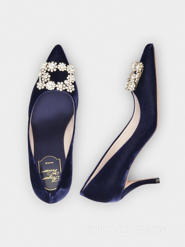 Flower Strass花钻天鹅绒高跟鞋 蓝色