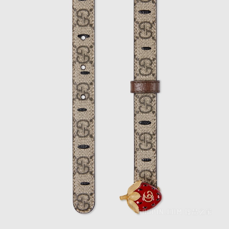 草莓搭扣窄版腰带 米色和乌木色GG Supreme帆布