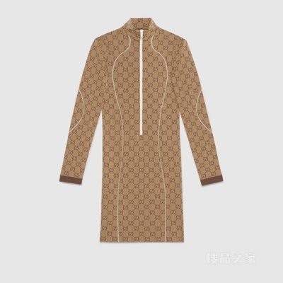GG针织提花连衣裙 米色和乌木色