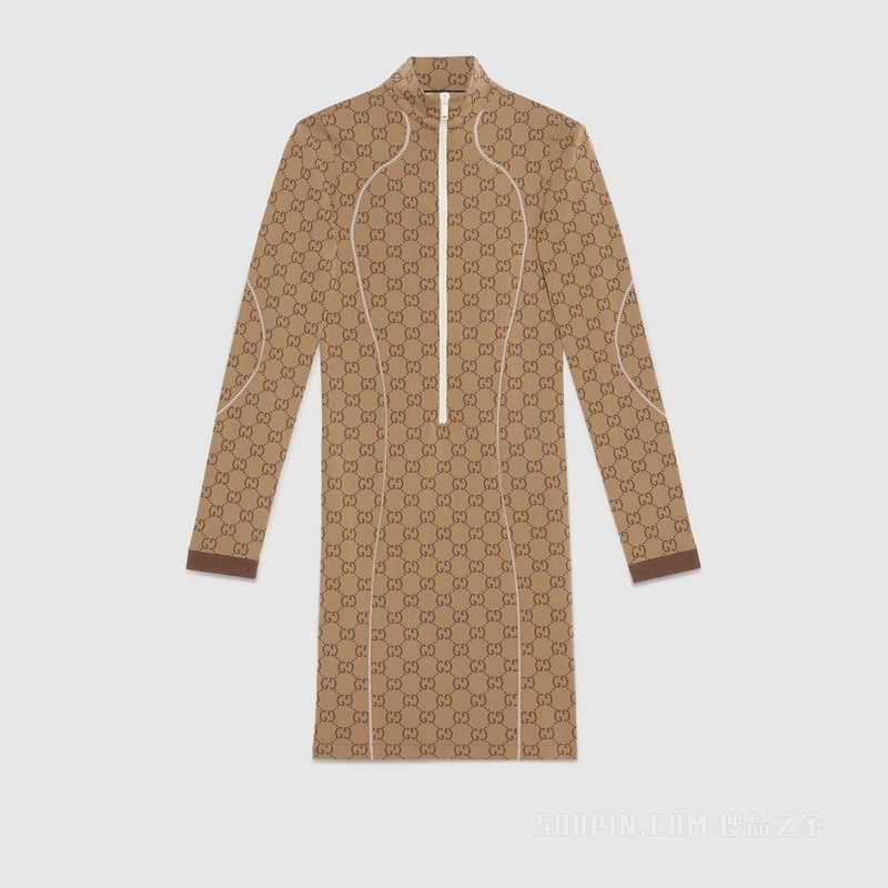 GG针织提花连衣裙 米色和乌木色