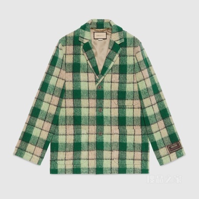 大格纹羊毛混纺夹克 米色和绿色
