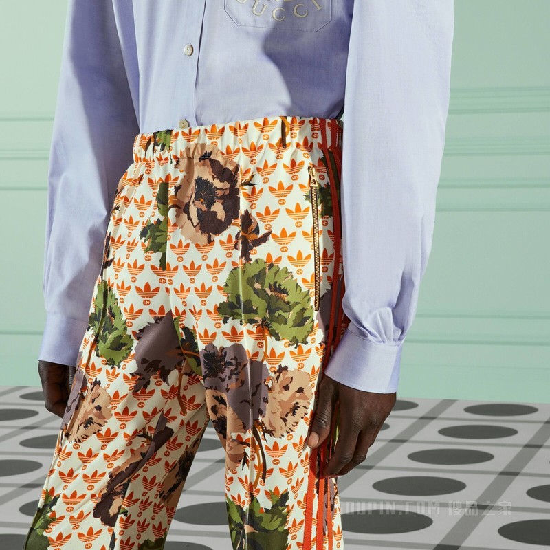 adidas x Gucci联名系列平纹针织慢跑长裤 象牙白色和橙色