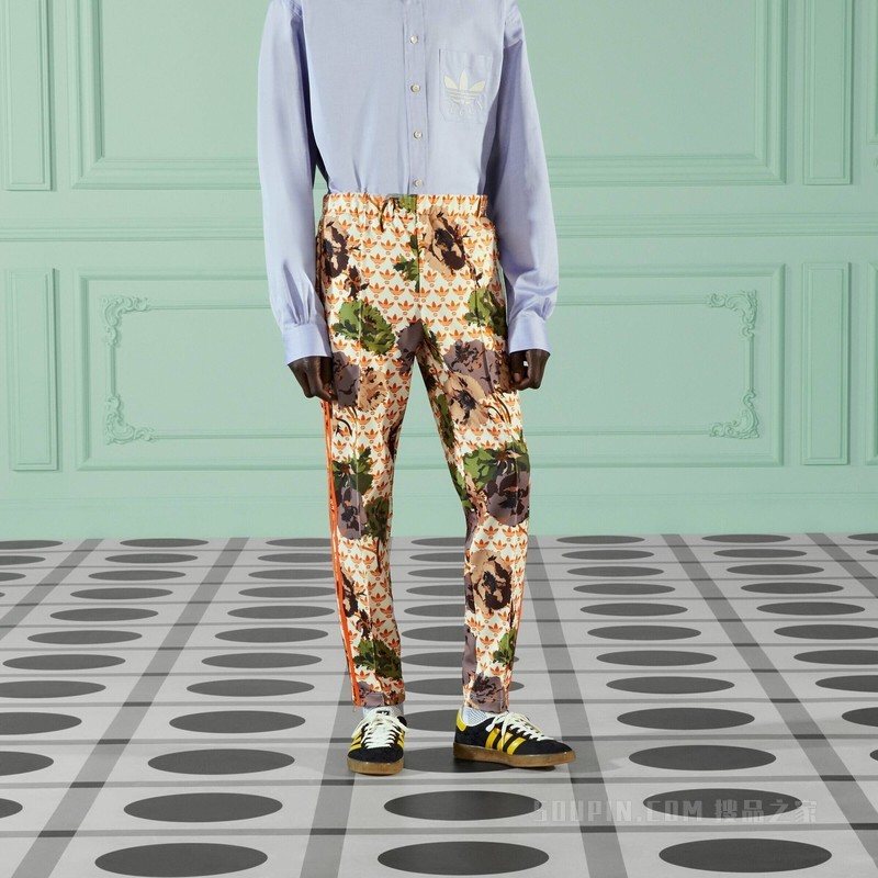 adidas x Gucci联名系列平纹针织慢跑长裤 象牙白色和橙色