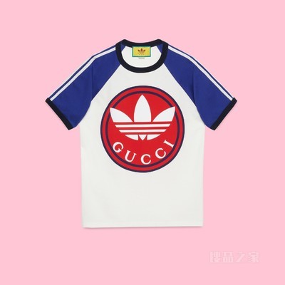 adidas x Gucci联名系列针织棉T恤 象牙白色和蓝色