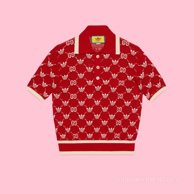adidas x Gucci联名系列GG Trefoil Polo衫 红色和象牙白色
